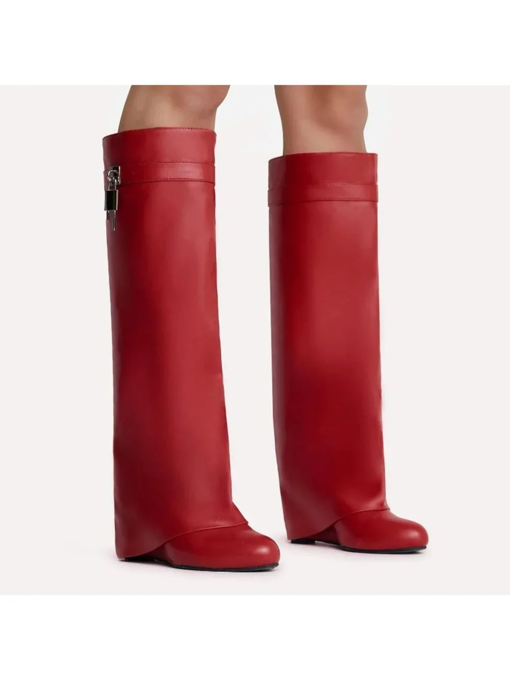 Women's Wine Fold Over Wide Calf Wedge Heel Knee High With Decorative Lock Boot